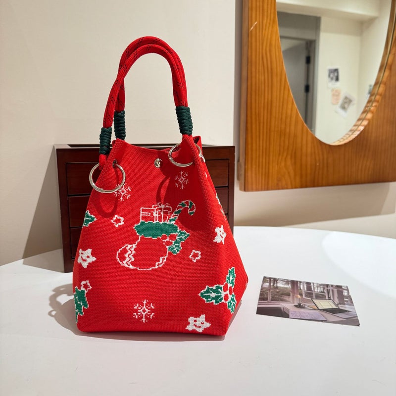 Knitted Handbag For Women With Magnetic Buckle, Red Tote Bag, Large Capacity, Versatile For Shopping And Walking, Women'S Handbag - Image 3